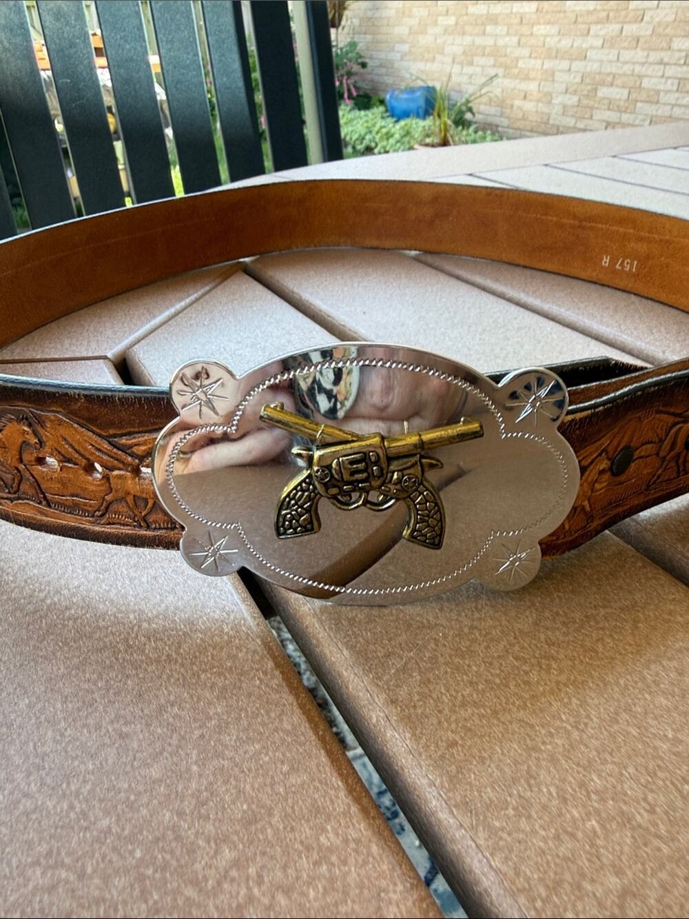 Tooled Leather Western Horse Belt Size 34 Brown Silver